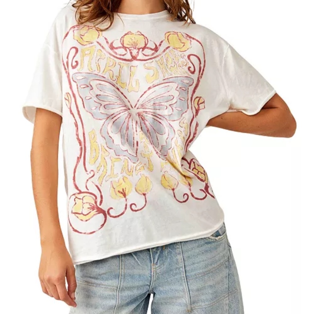 Free People White Tee with Butterfly and Floral Print